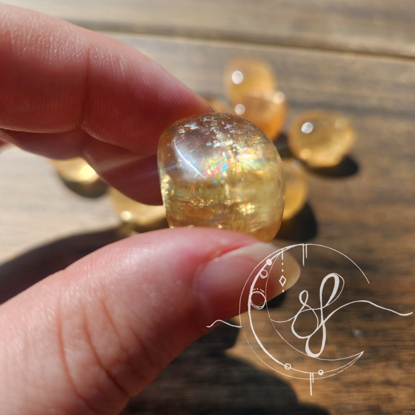 Hand cut golden rainbow yellow calcite she fire