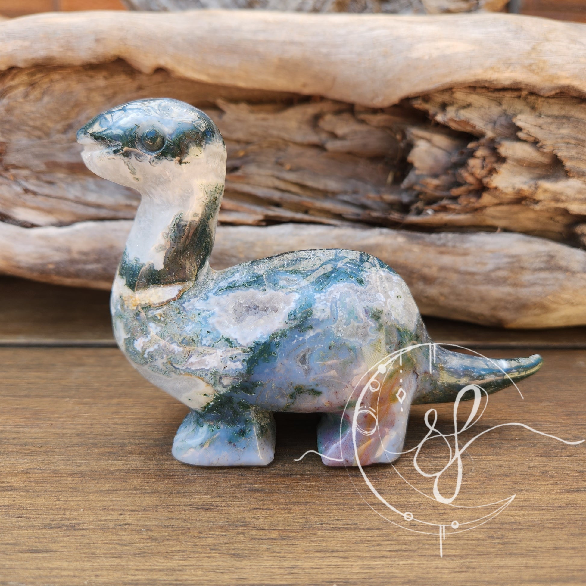 Moss Agate Brontosaurus Crystal Carving She Fire