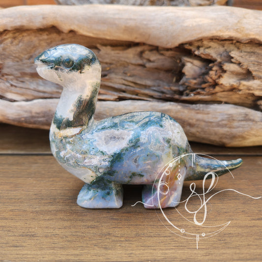 Moss Agate Brontosaurus Crystal Carving She Fire