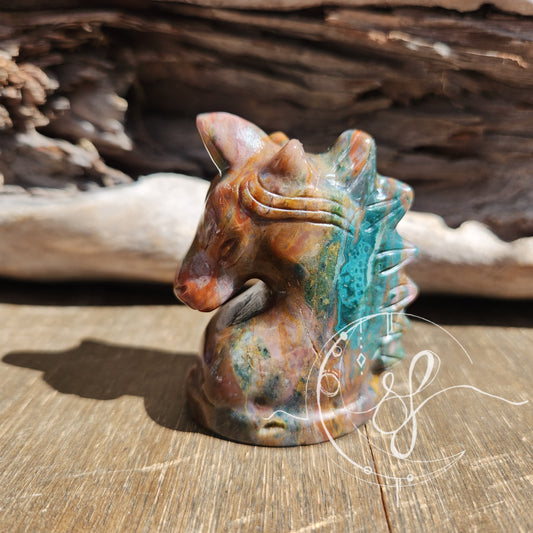 Ocean jasper unicorn carving she fire