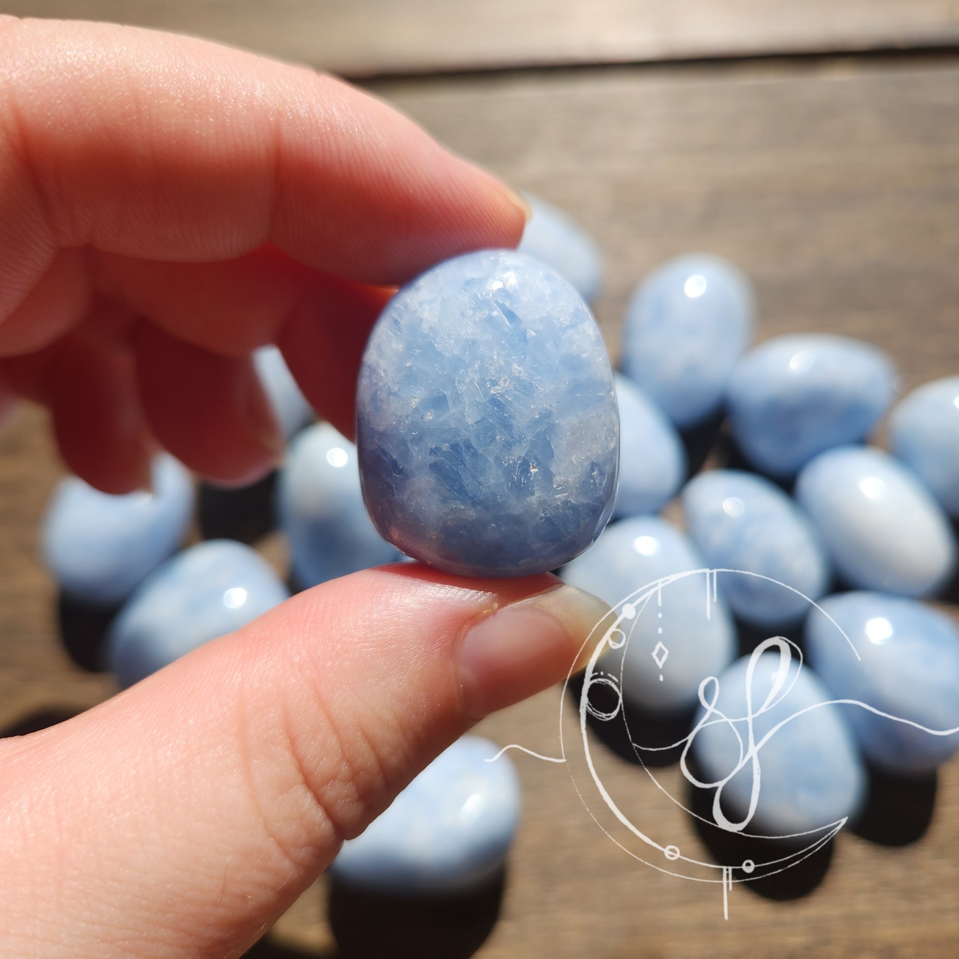 Hand cut blue calcite tumbles she fire