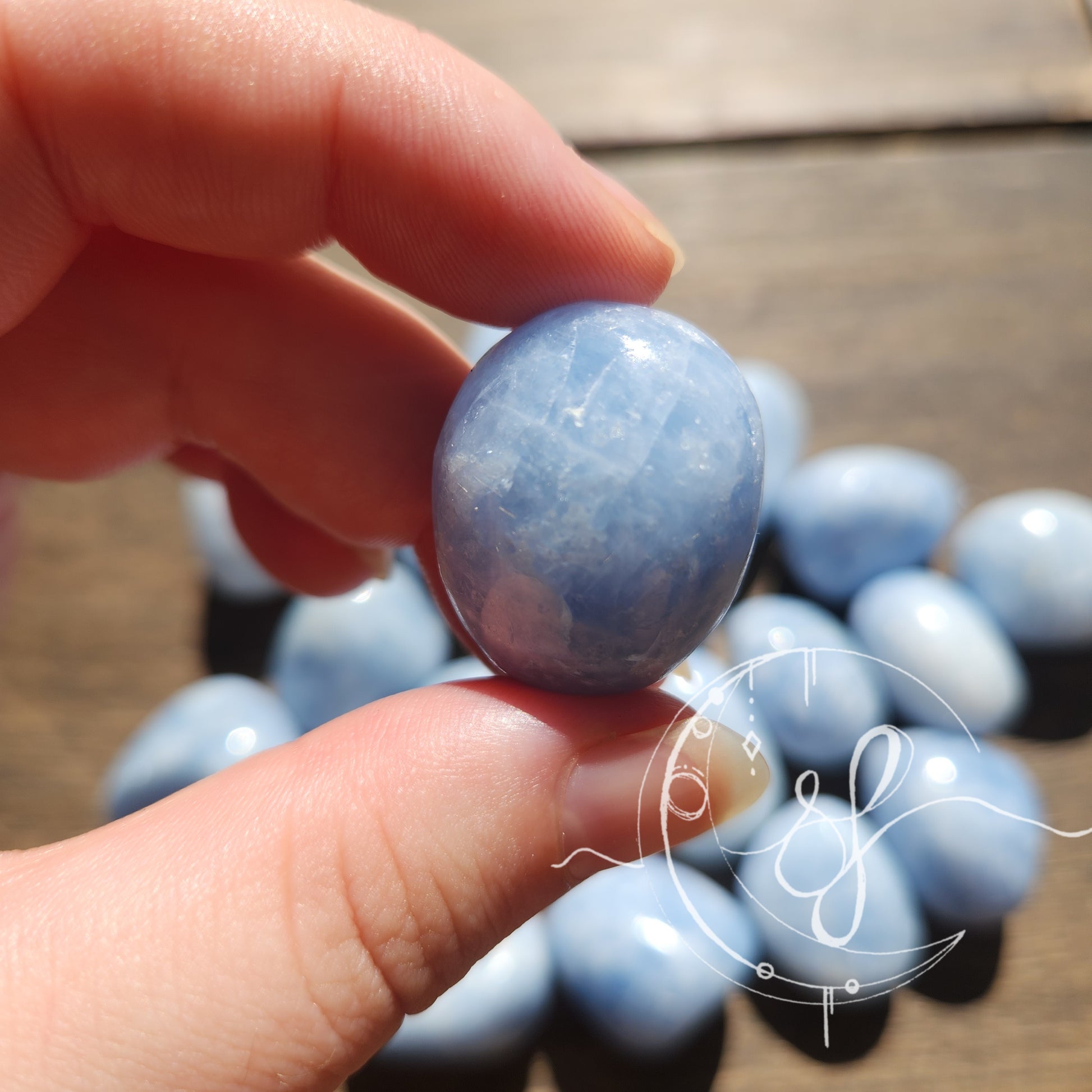 Hand cut blue calcite tumbles she fire