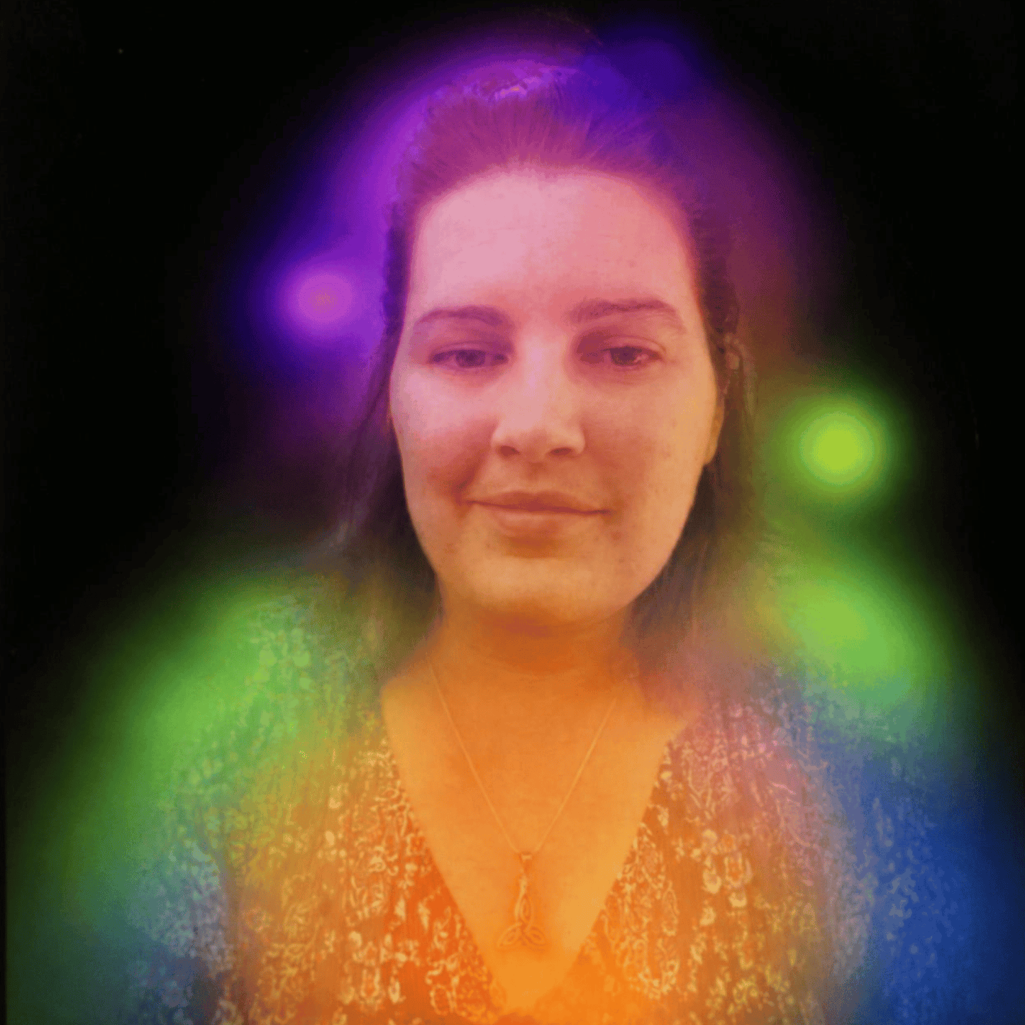 “Woman surrounded by glowing rainbow aura portrait on dark background”
