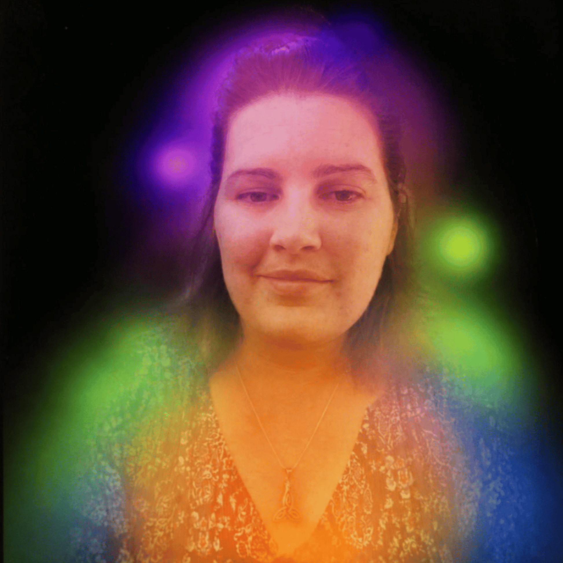 “Woman surrounded by glowing rainbow aura portrait on dark background”