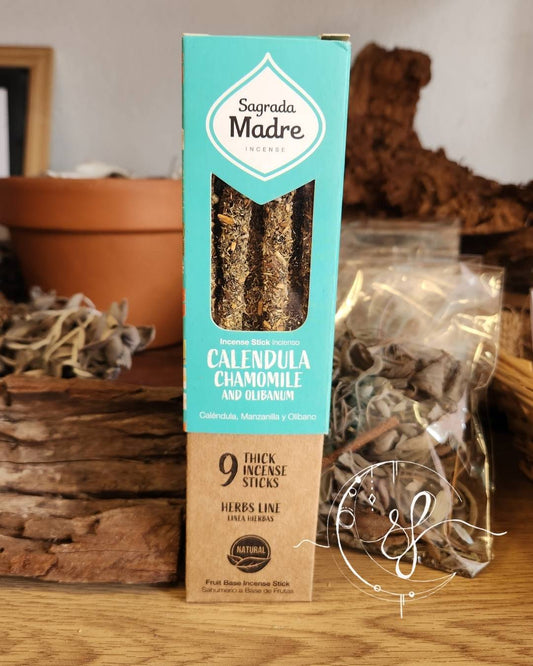Sagrada Madre Calendula, Chamomile and Olibanum Incense, natural fruit-based herbal incense sticks, 9 pack
