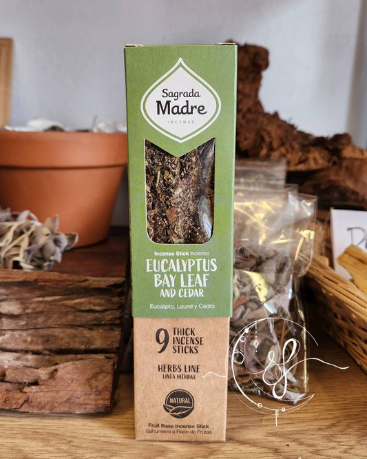 Sagrada Madre Eucalyptus, Bay Leaf and Cedar incense sticks, natural herbal incense, 9 pack