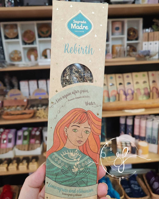 Sagrada Madre Rebirth Incense, Lemongrass and Olibanum scent, fruit-based incense sticks