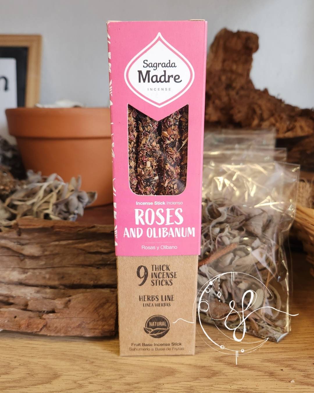 Sagrada Madre Roses and Olibanum incense, natural herbal incense sticks, 9 pack