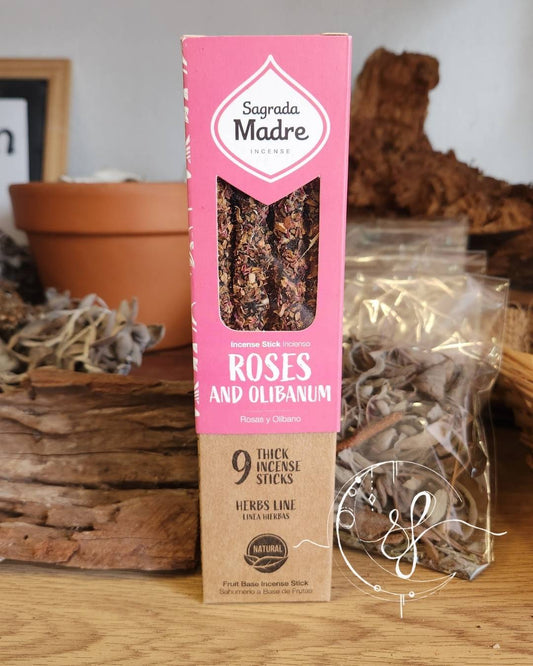 Sagrada Madre Roses and Olibanum incense, natural herbal incense sticks, 9 pack