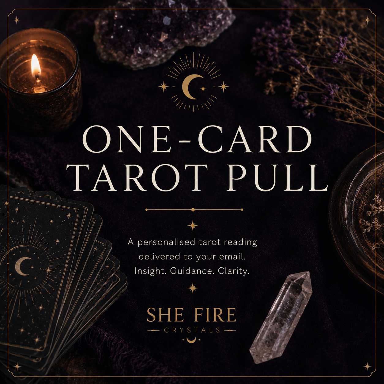 One-Card Tarot Pull promotional image featuring tarot cards, candlelight, crystals, and mystical purple tones by She Fire.