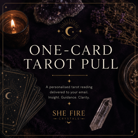 One-Card Tarot Pull promotional image featuring tarot cards, candlelight, crystals, and mystical purple tones by She Fire.