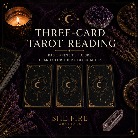 Promotional image for She Fire Three-Card Tarot Reading featuring tarot cards, candlelight, crystals, and mystical purple tones.