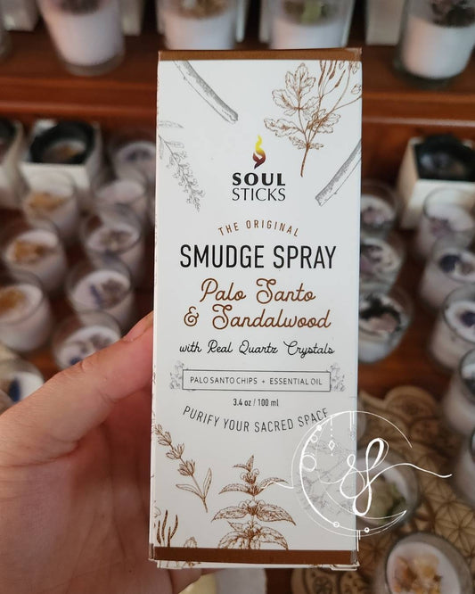 Soul Sticks Palo Santo & Sandalwood Smudge Spray with real quartz crystals, 100ml bottle