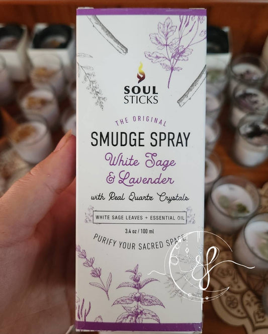 Soul Sticks White Sage & Lavender Smudge Spray with real quartz crystals, 100ml bottle
